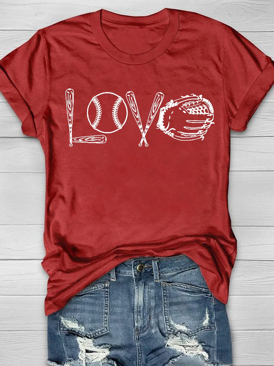 Baseball Mixed Love Print Short Sleeve T-Shirt