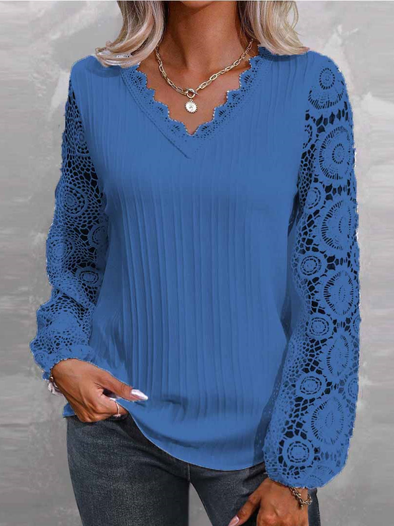 Women Long Sleeve V-neck Solid Lace Tops