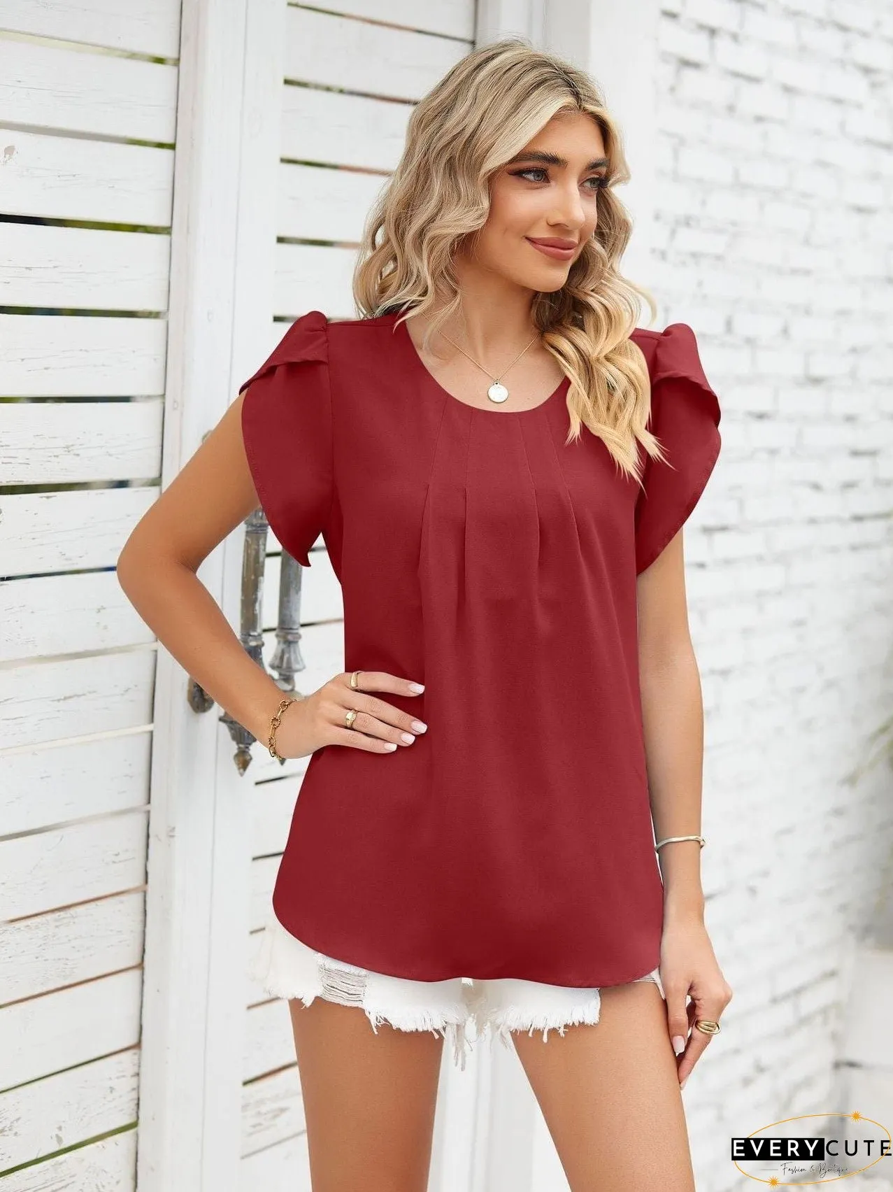 Loose-Fitting Short Sleeve Mock Neck Top