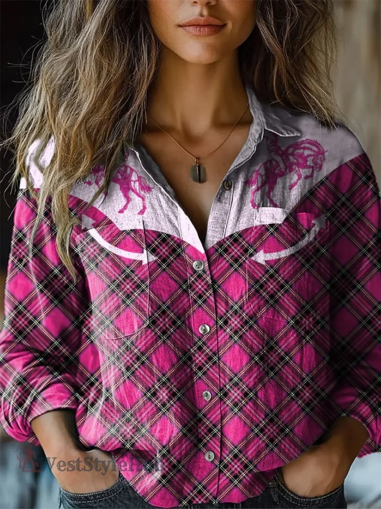 Cowgirl Barbie Pink Plaid Pattern Printed Women's Casual Long Sleeve Comfortable Cotton Shirt