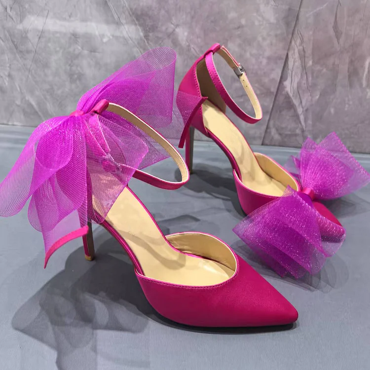 100mm Women’s High Heels Ankle Strap Pointed Toe Silk Bowknot Pumps Wedding Party  Sandals Vocosi VOCOSI