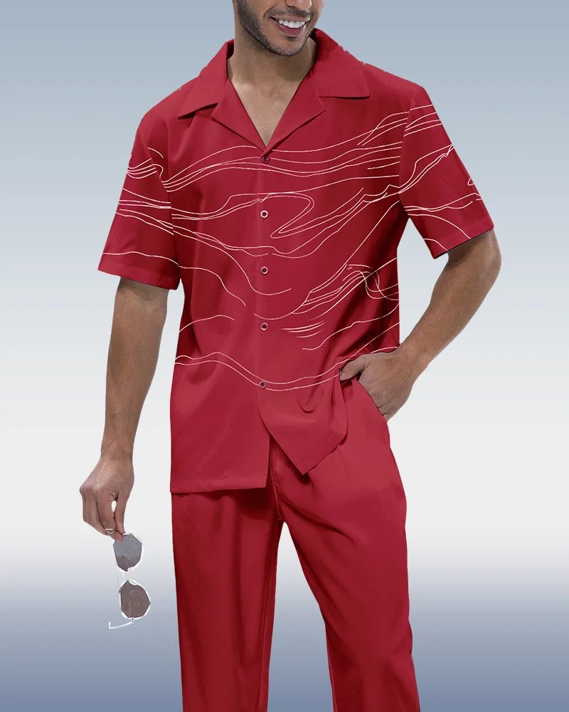 Suitmens Men's Red Art Print Short Sleeve Walking Suit