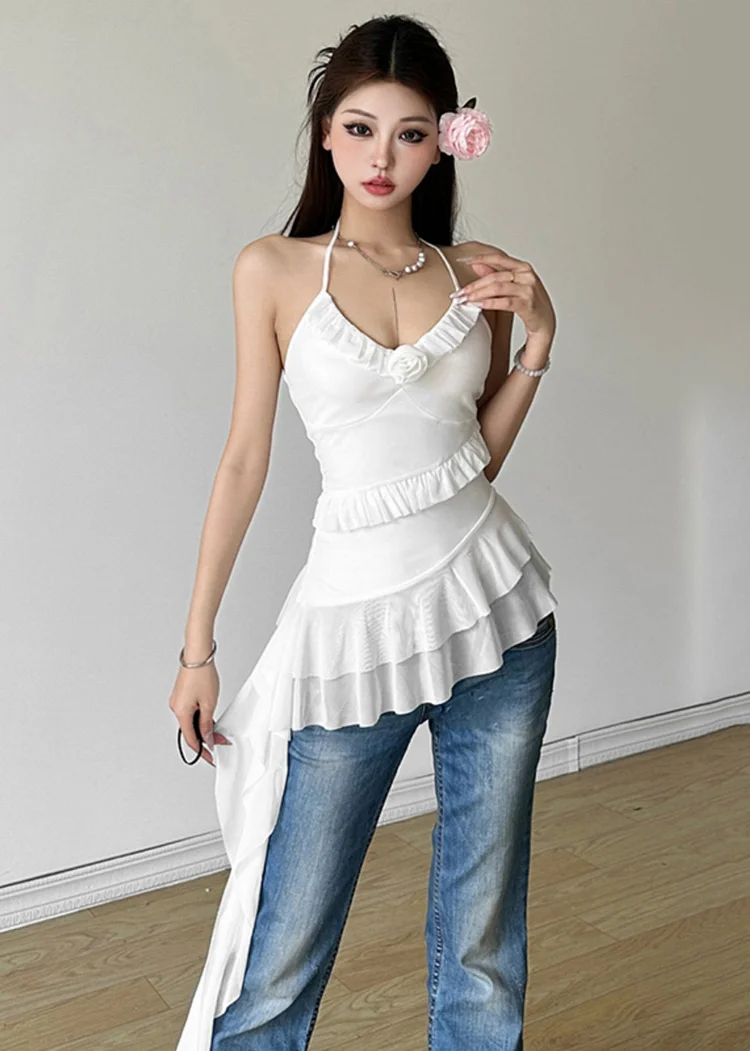 Slim Fit White V Neck Patchwork Backless Vest Summer