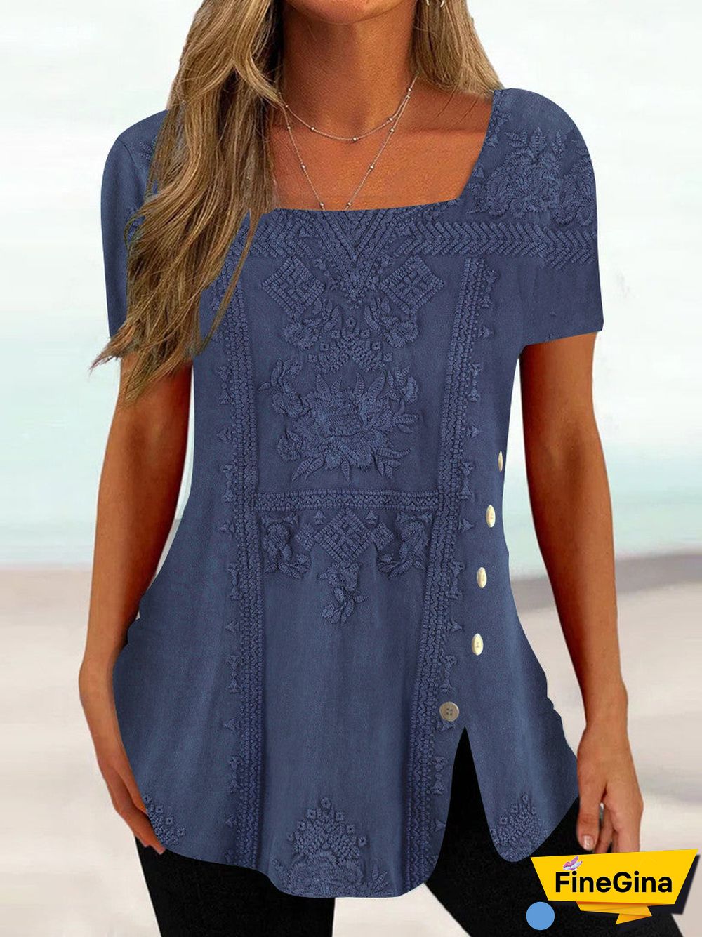 Women Short Sleeve U-neck Floral Printed Top