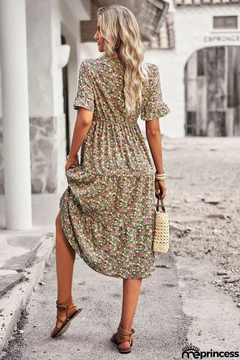 Floral V-Neck Flounce Sleeve Midi Dress