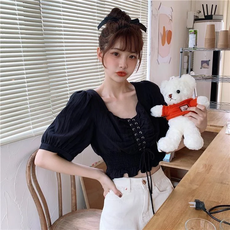 Lace Up Vintage White Shirt Cotton Linen Sexy Top Women Blouse Summer Short Sleeve Cropped Ruffle Tops Tunics 2021 Fashion