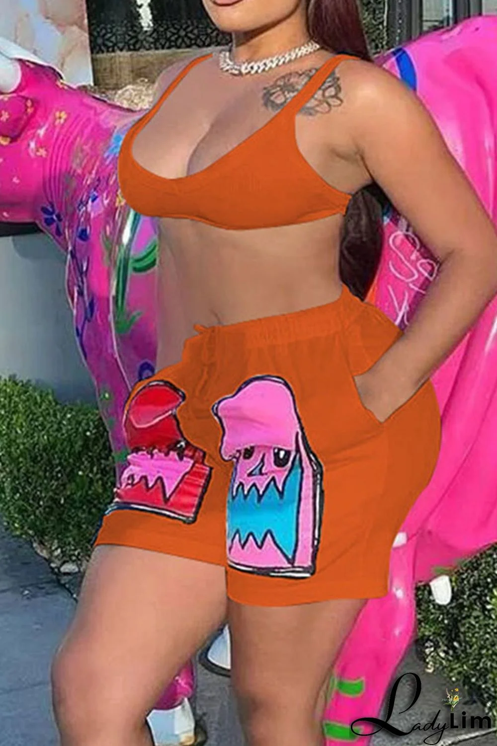 Pink Casual Print Patchwork Spaghetti Strap Sleeveless Two Pieces