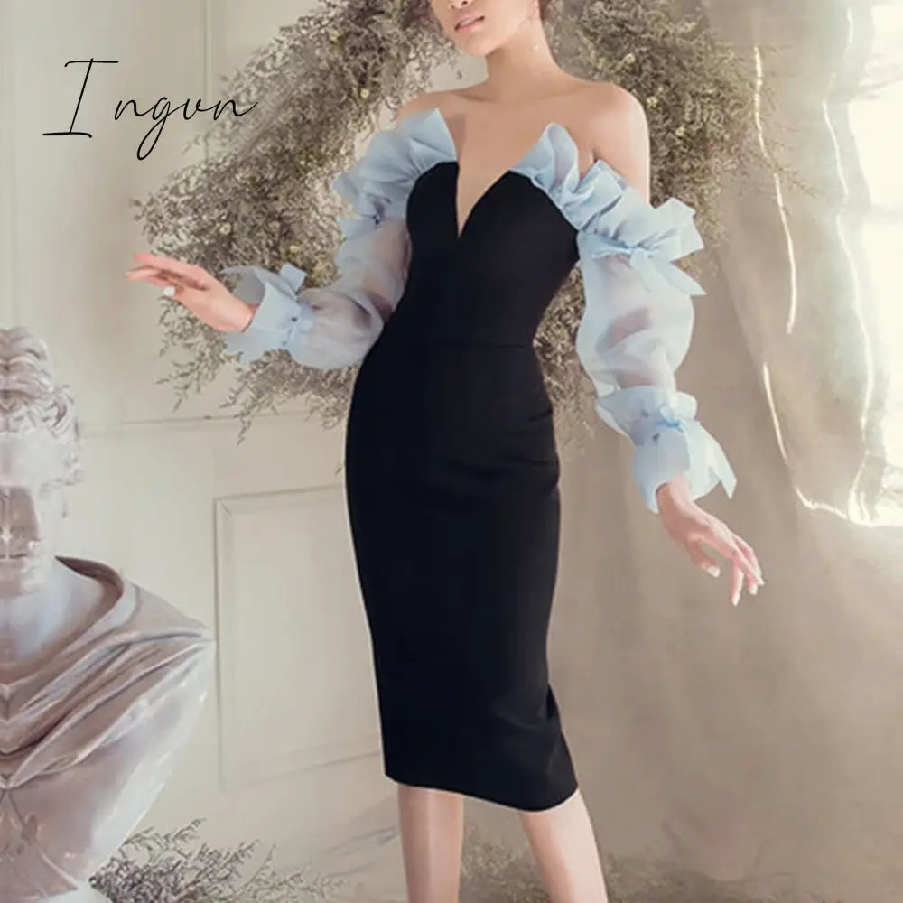 Ingvn - New Winter Women Long Sleeve V Neck Club Dress Sexy Ruffles Off Shoulder Lace Patchwork