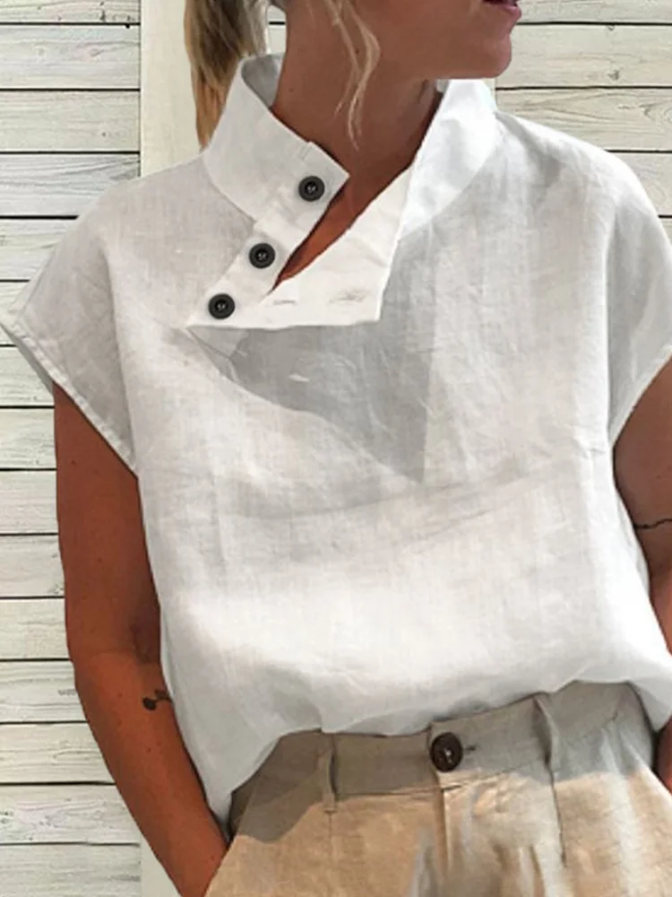 Solid Color Button Stand Collar Casual Blouse