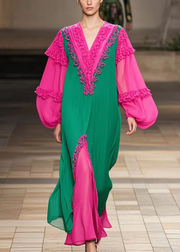 VCSHOES Colorblock Ruffled Patchwork Chiffon Maxi Dress Fall