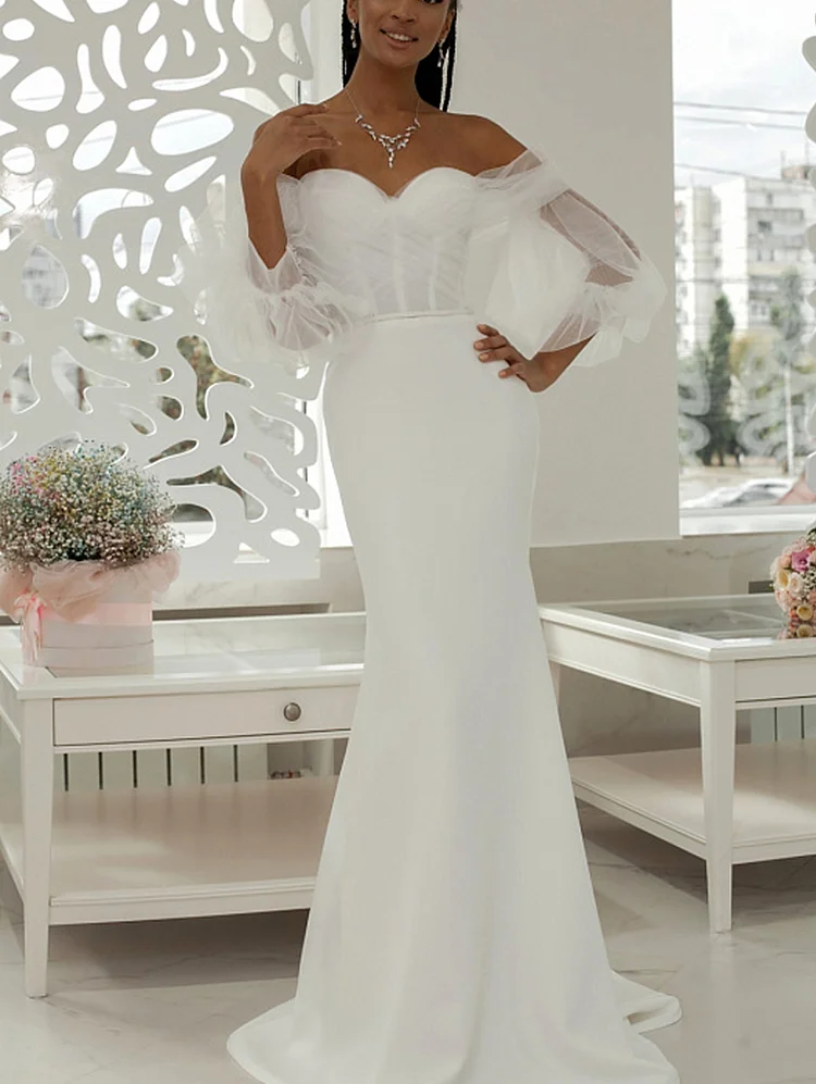 Boho Wedding Dresses Simple Off the Shoulder Tulle Mermaid Bridal Gown