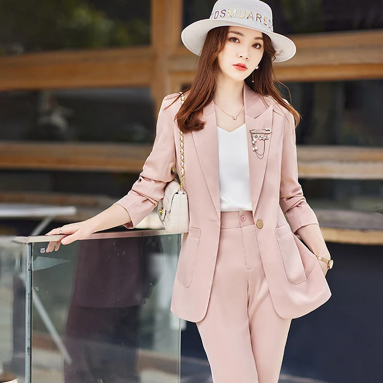 Business Women Pencil Pant Suits 2 Piece Sets Pink Solid Blazer + Pencil Pant Office Lady Notched Jacket Female Outfits