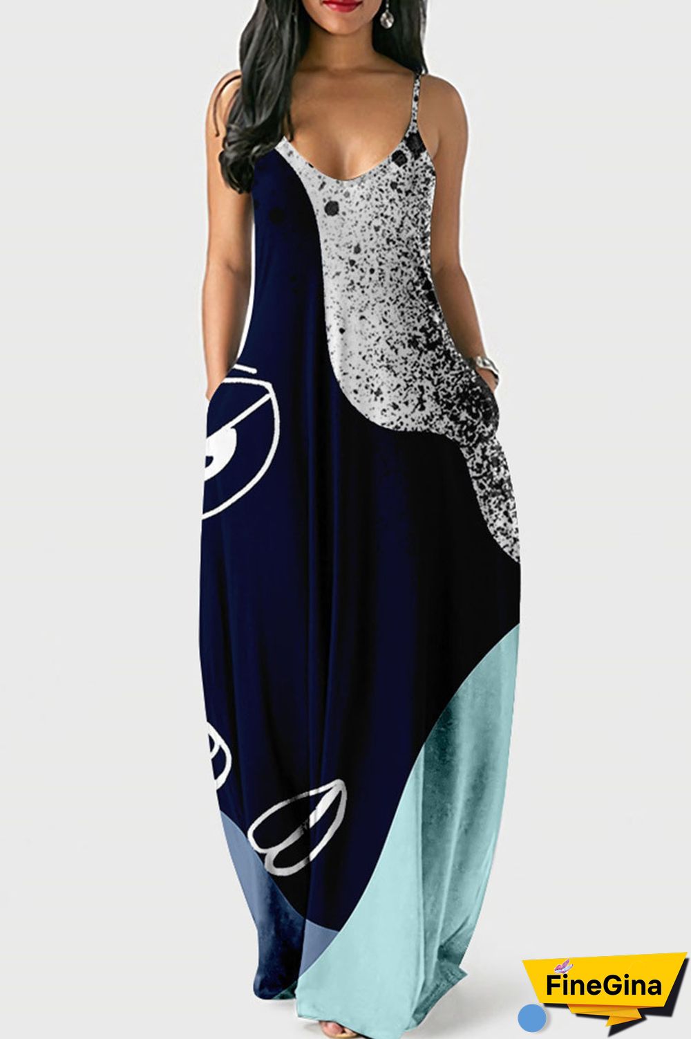 Multicolor Street Print Patchwork Spaghetti Strap Lantern Dress Dresses