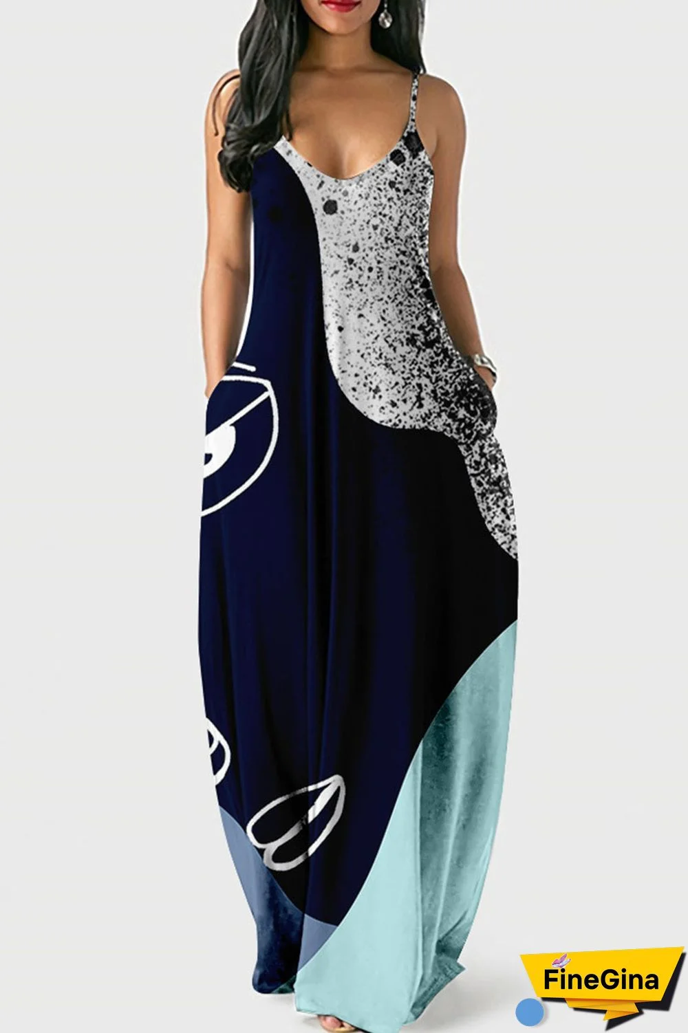 Multicolor Street Print Patchwork Spaghetti Strap Lantern Dress Dresses