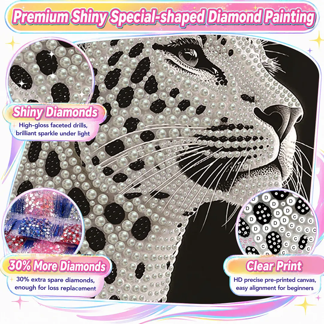 Spotted Leopard Special Shaped 5D DIY Partial Drill Diamond Pearl Painting Kit for Adults Beginners Home Decor Art Craft Pearl Diamond Painting 30x40cm