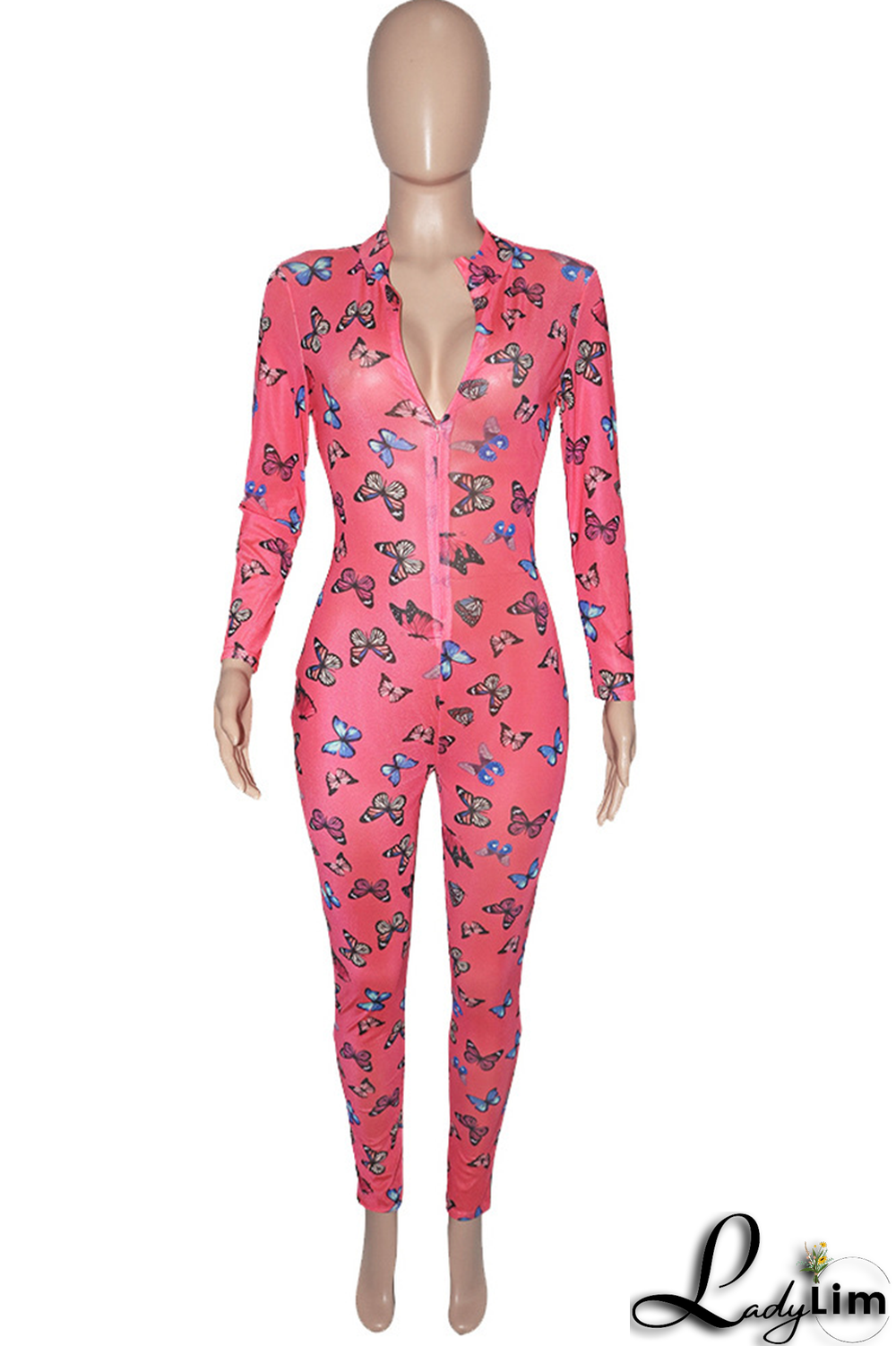Rose Red Sexy Butterfly Print Patchwork Zipper Collar Skinny Jumpsuits