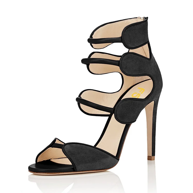 Women's Black Open Toe Strappy Hollow Out  Stiletto Heels  Sandals |FSJ Shoes