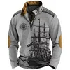 Men's Retro Nautical Sailing Compass Print Zipper Stand Collar Sweatshirt Christmas Holiday Tops Khaki Gray Black by Inlyline