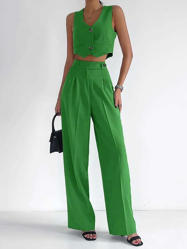 Ladies Loose Sleeveless V-Neck Button Two-Piece Suit