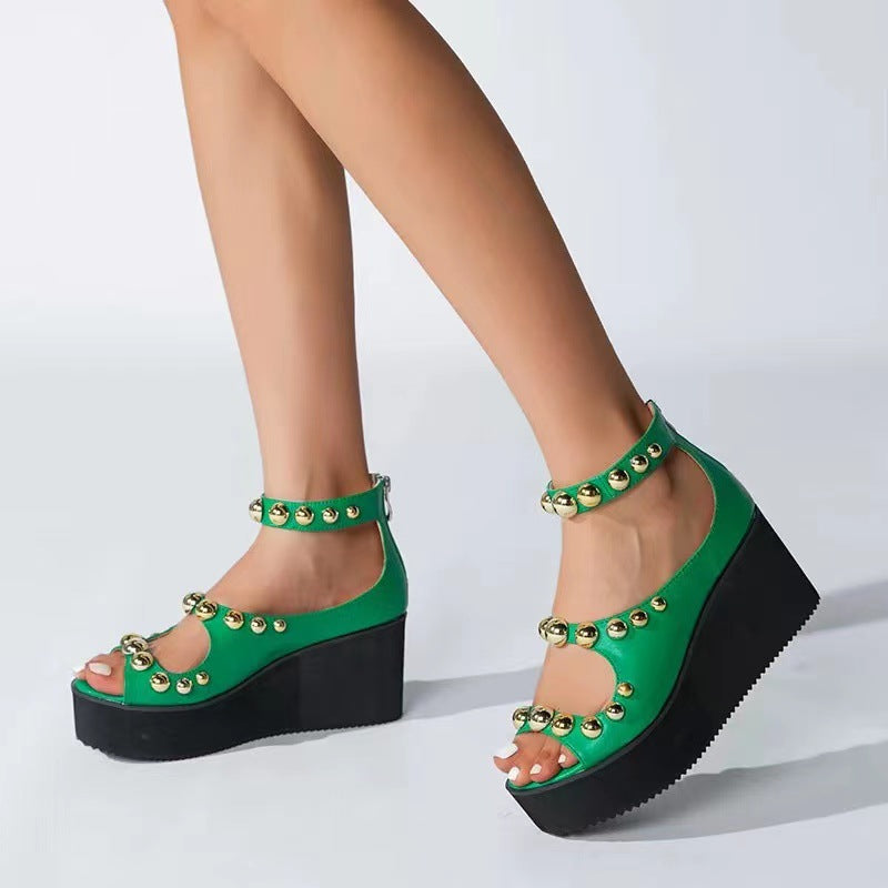 Spikes peep toe chunky platform wedge heels sandals fow women