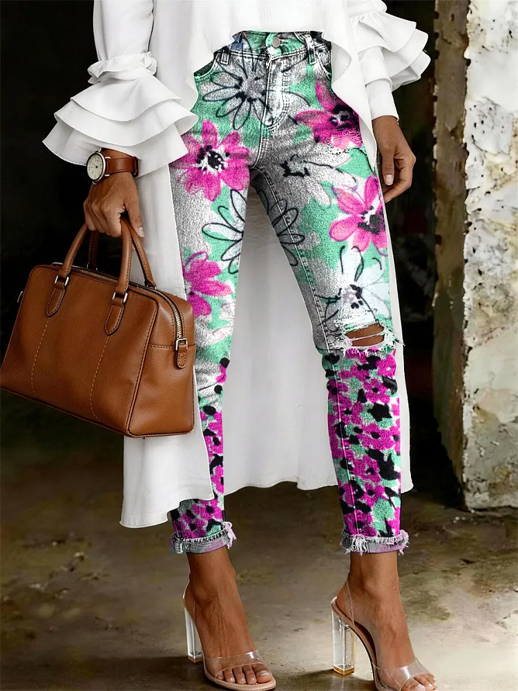 Women's Fashion Casual Multicolored Flowers Art Print Ripped Skinny Jeans
