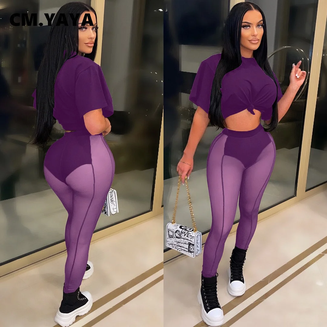 CM.YAYA Beach Sexy Women 2pcs Set Short Sleeve Tee Mesh See Though Leggings Set Sweatsuit Tracksuit Two Piece Set Outfits 2022