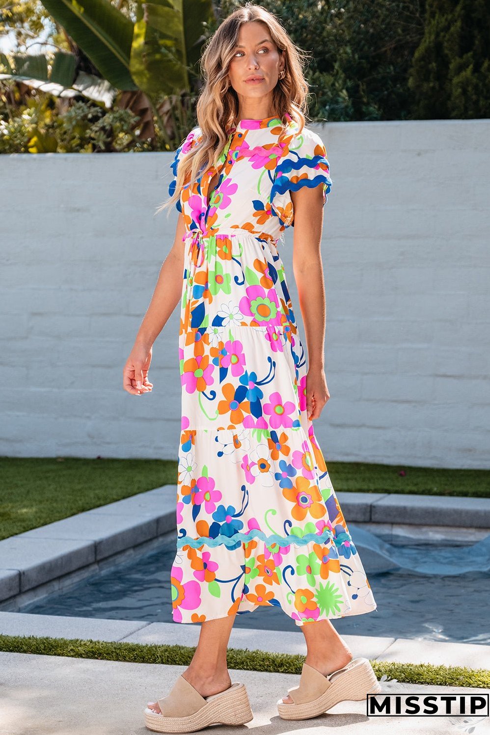 Ricrac Trim Flutter Floral Maxi Dress