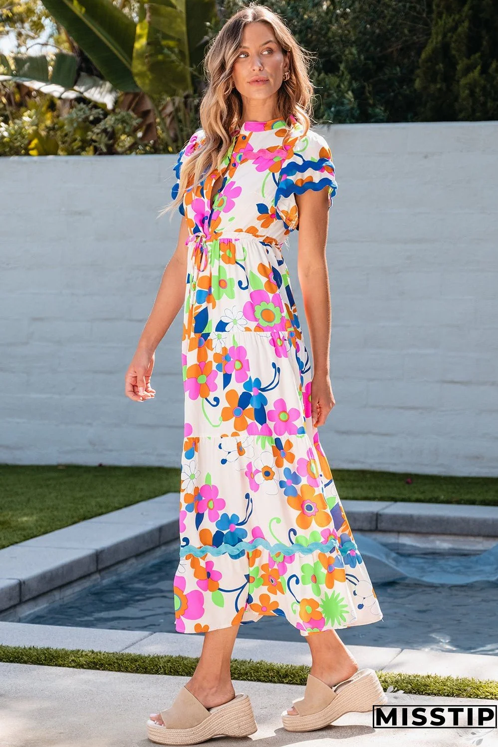 Ricrac Trim Flutter Floral Maxi Dress