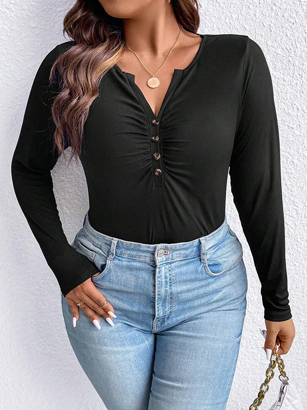Buttoned Long Sleeves Plus Size V-Neck T-Shirts Tops