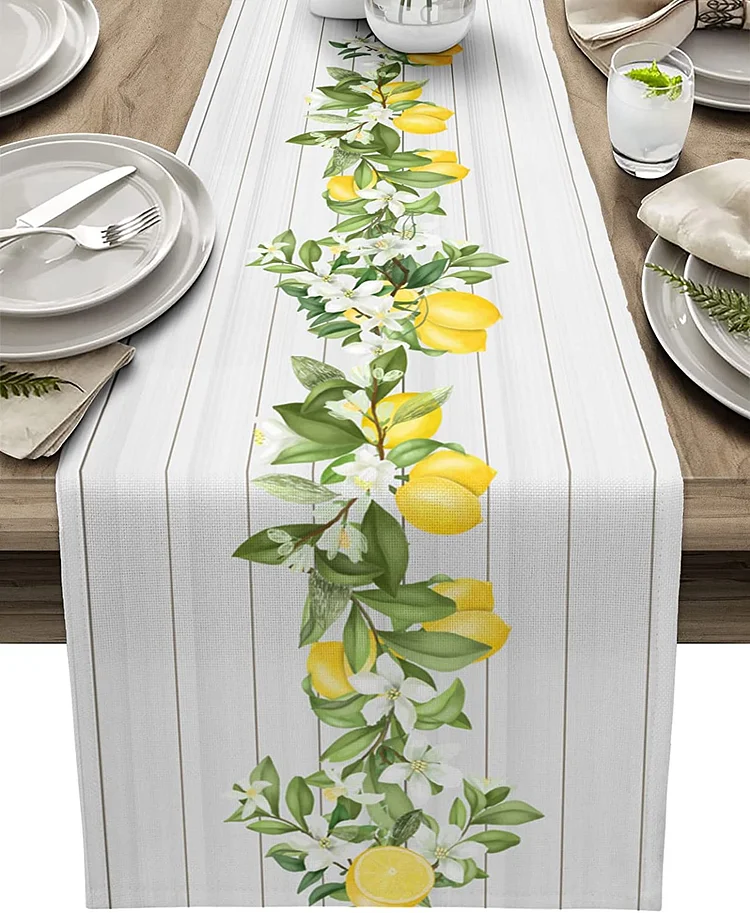 Summer Plants Lemon Wood Grain Linen Table Runner Holiday Party Decoration Washable Dining Table Runner for Wedding Table Decor