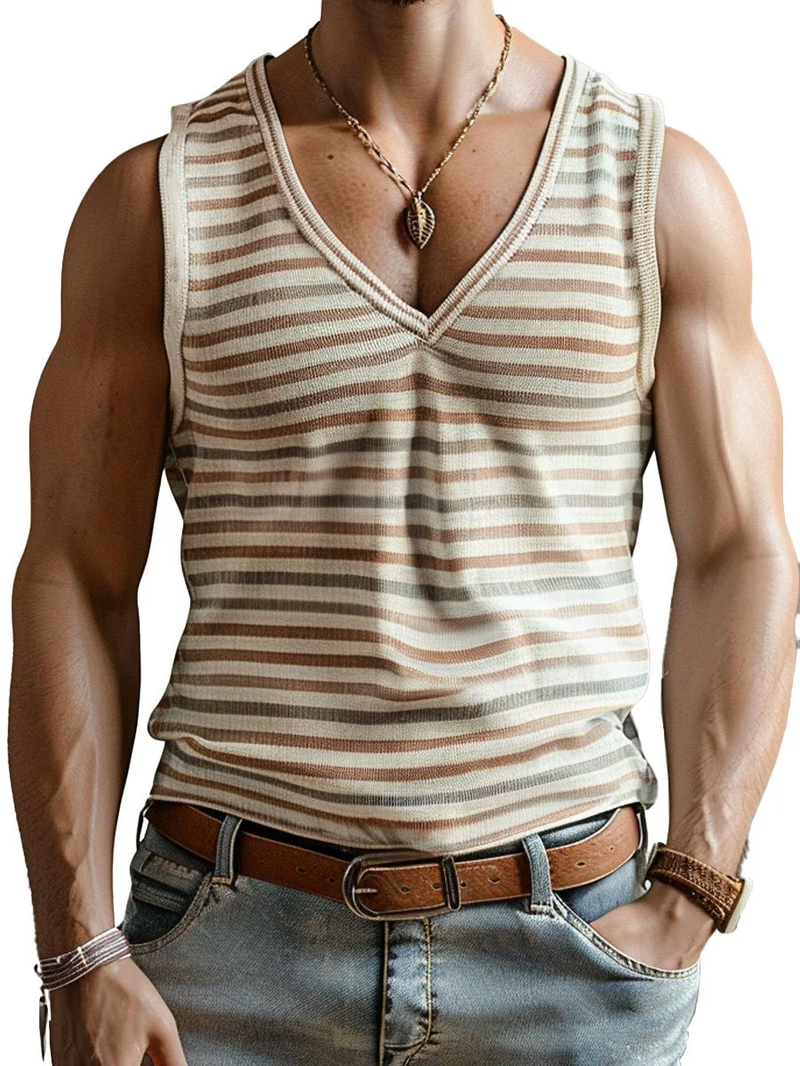 Men's Retro Colorful Striped Casual V-Neck Tank Top
