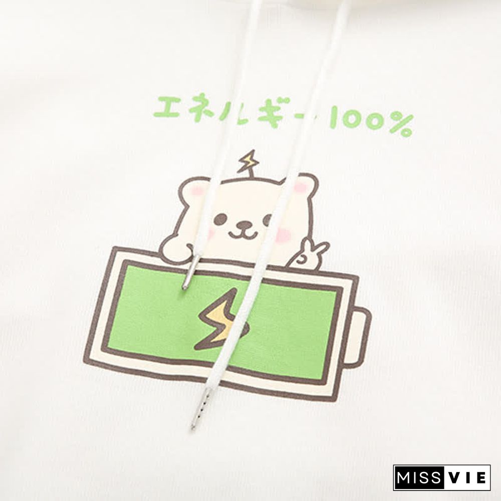 Cartoon Bear Charge Print Plaid Sleeve Hoodie
