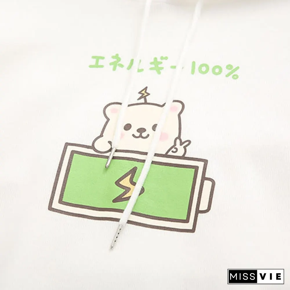 Cartoon Bear Charge Print Plaid Sleeve Hoodie