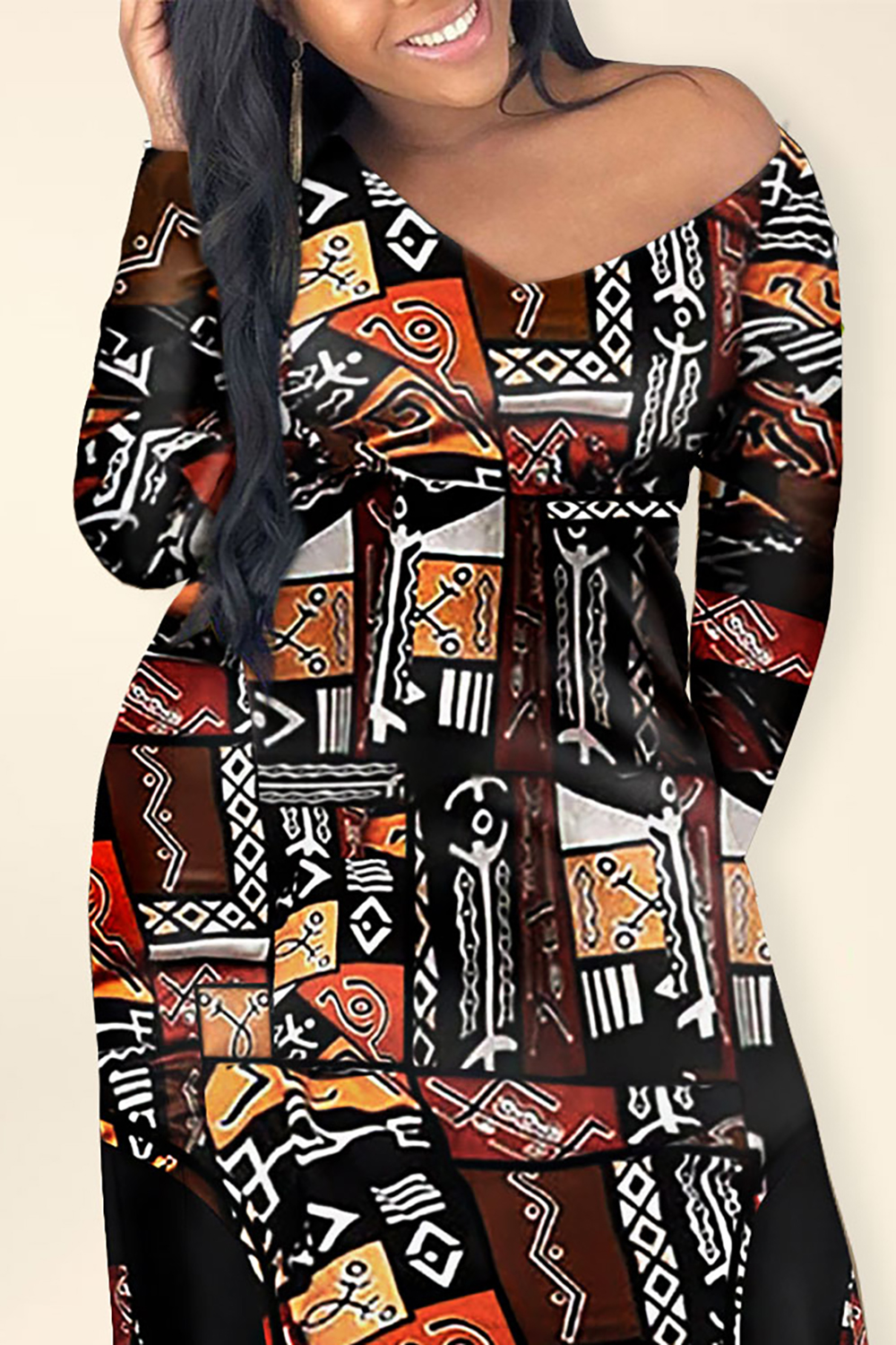 Design Plus Size Daily Maxi Dresses Casual Brown African Print Spring Summer V Neck Long Sleeve Pocket Knitted Ankara Maxi Dresses [Pre-Order]