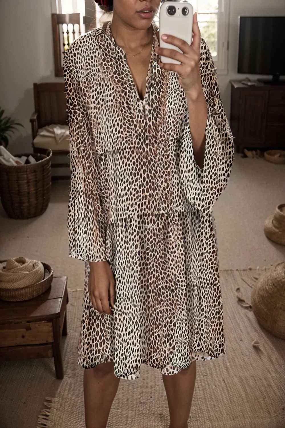 loose leopard print v neck dress drop shoulder a line closed cape paneled