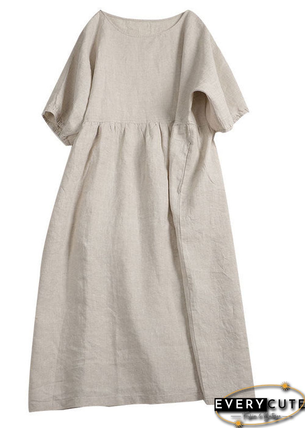 Handmade Apricot Solid O-Neck Wrinkled Patchwork Linen Dress Summer