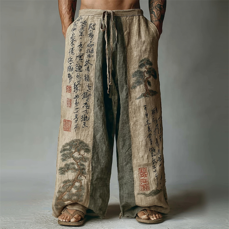 Men's Japanese Pine Trees Calligraphy Contrast Linen Pants  artssus