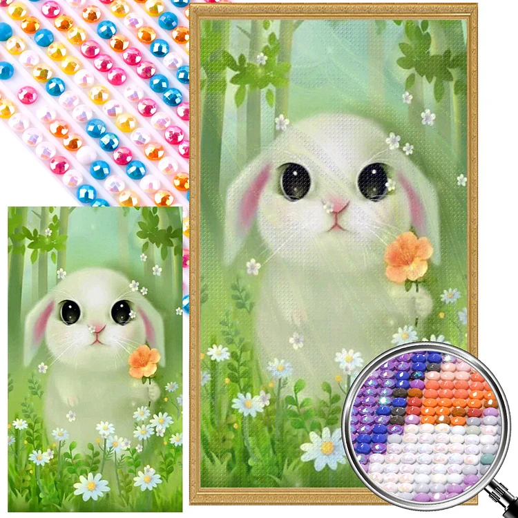Partial AB Drill - Full Round Diamond Painting - Little White Rabbit Among Flowers 40*70CM