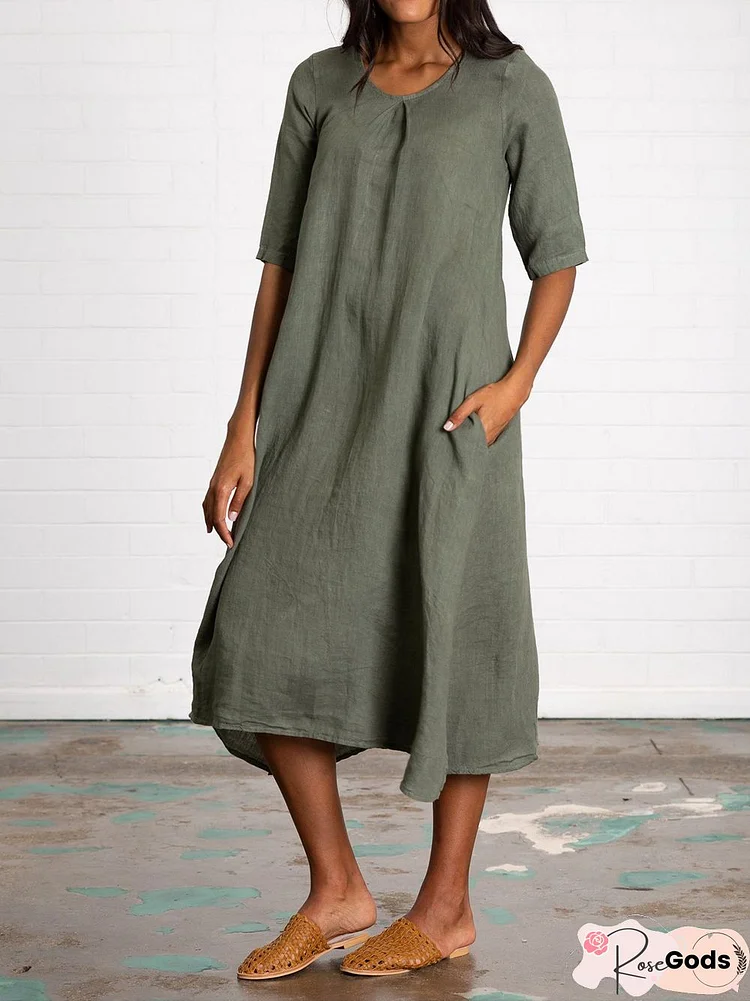 V Neck Half Sleeve Pockets Linen Women Midi Dress