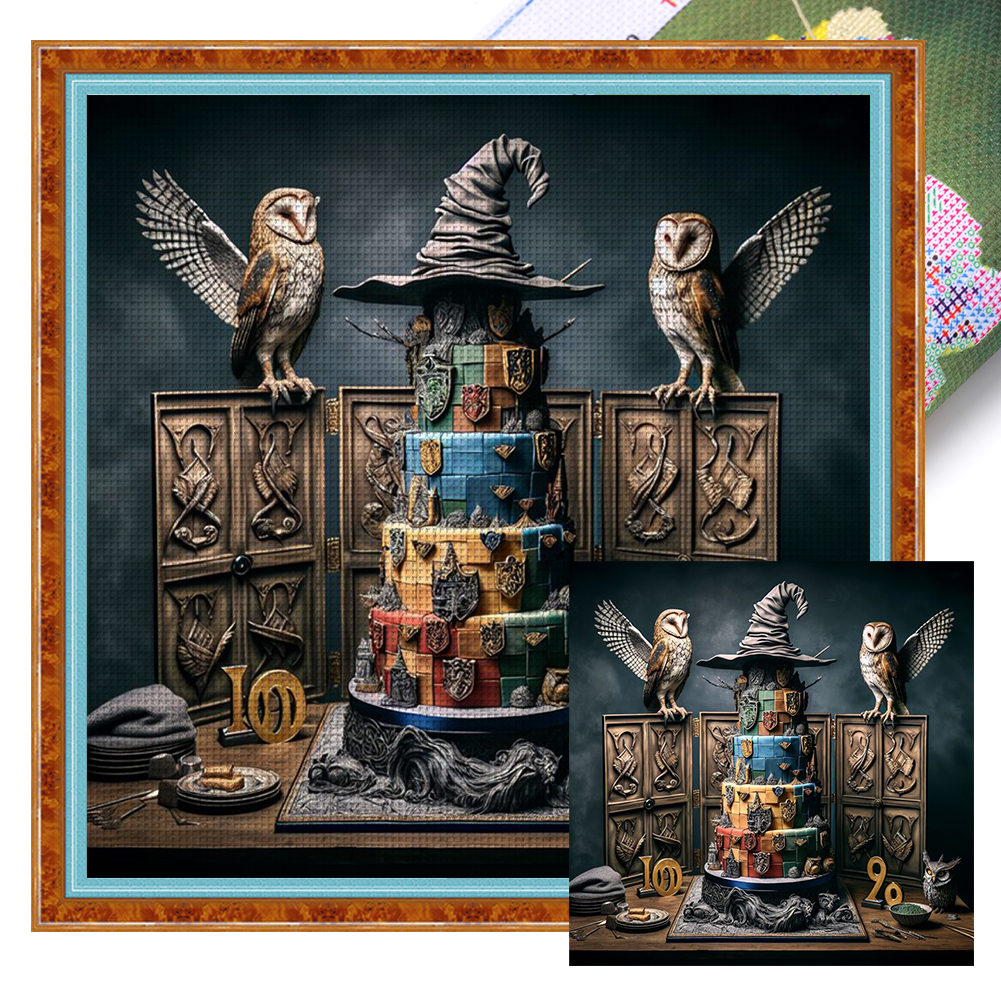 Magic Book Pile And Owl Full 11CT Pre-stamped Canvas(50*50cm) Cross Stitch