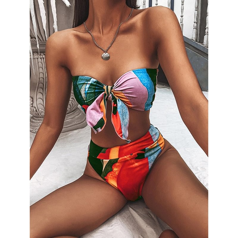 Patchwork Print Swimsuit Low Waist Thong Sexy Bandeau Swimwear Separate Bikini Set 2022 Newest Brazilian Bikinis Designer