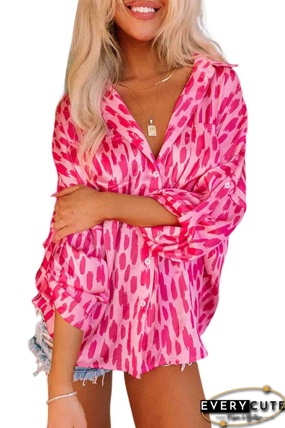 Pink Printed Roll Tab Sleeve Button Up Shirt