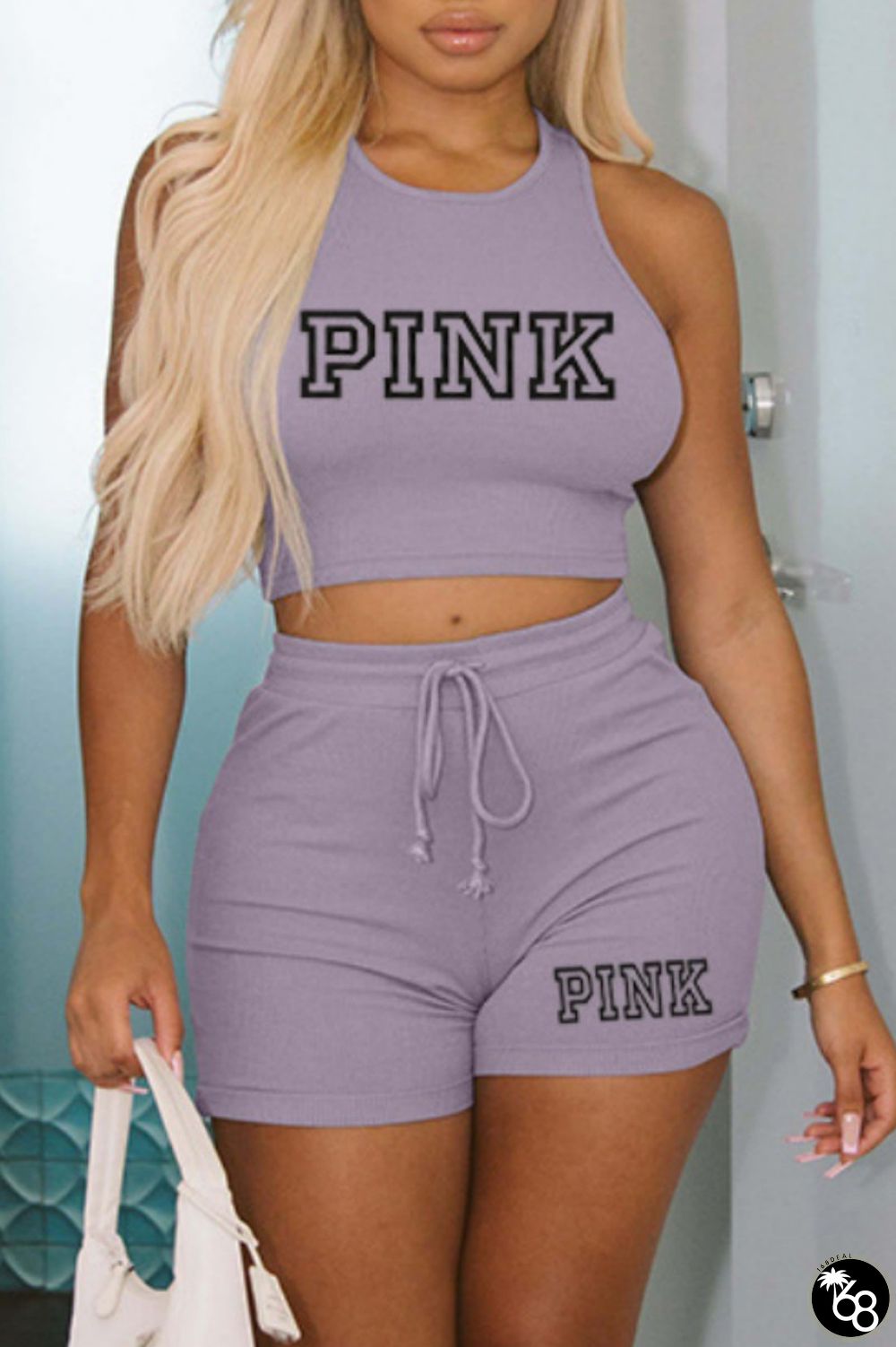 Purple Casual Letter Print Basic O Neck Sleeveless Two Pieces | 168DEAL
