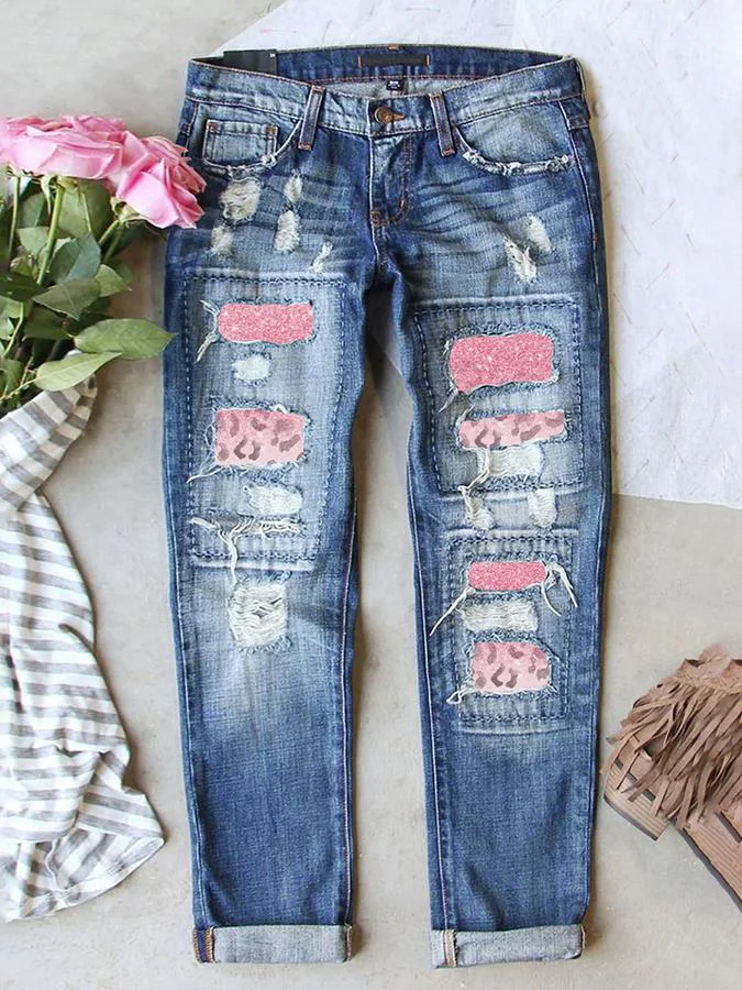 Vintage Valentine's Day Heart Printed Ripped Jeans