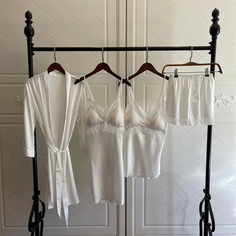 Satin Pajamas Set Female Nightwear Summer Kimono Robe Gown With Breast Pads  Lace Suspender Four Pieces Set Lounge Wear