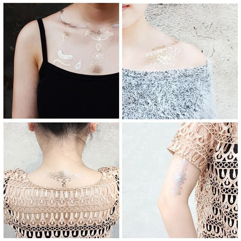 Sdrawing temporary tattoo sticker henna choker flower butterfly metal sexy women bride tribe flash metallic gold silver tattoo