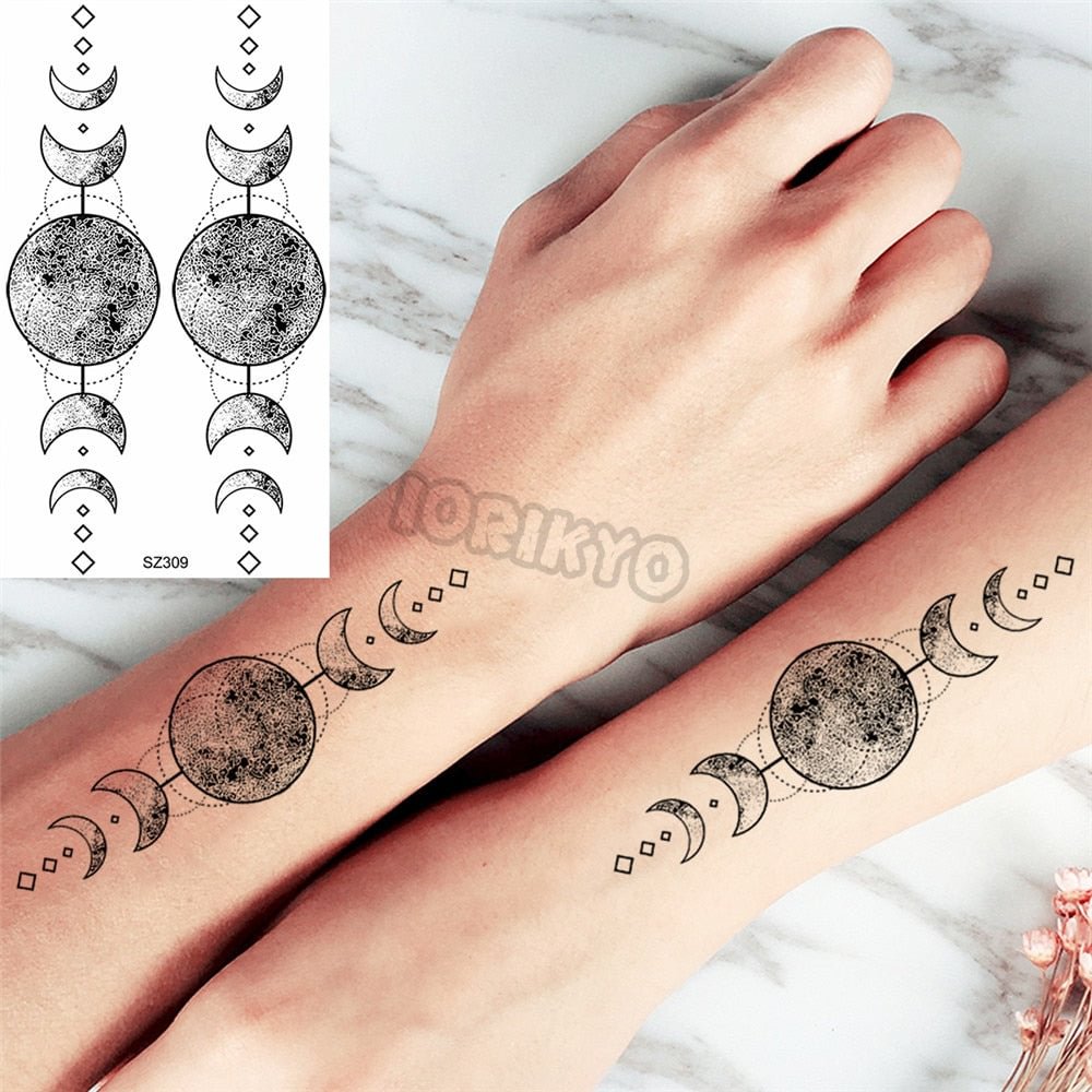 Black Pencil Sketch Henna Lotus Temporary Tattoos For Women Girls Realistic Planet Dandelion Fake Tattoo Sticker Back Arm Tatoos