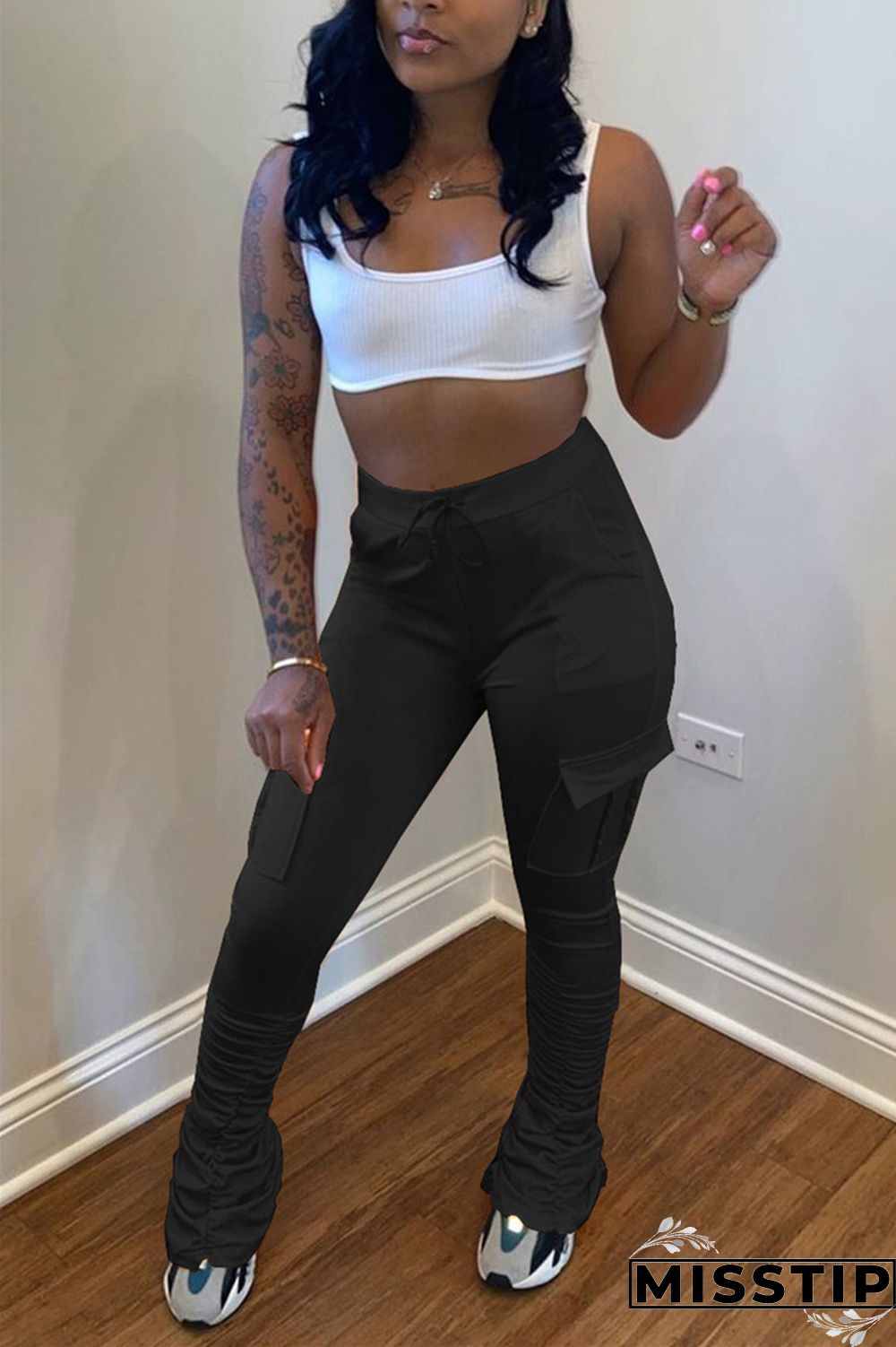 Fluorescent green Drawstring High Solid Pocket Draped Boot Cut Pants Bottoms