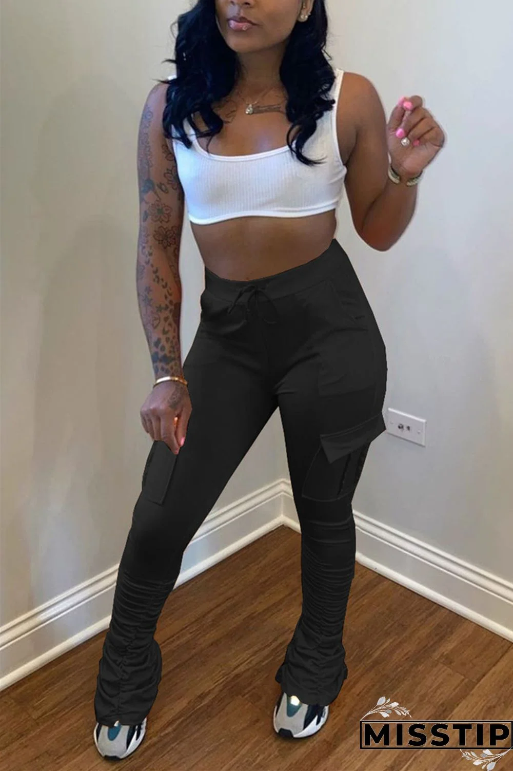 Fluorescent green Drawstring High Solid Pocket Draped Boot Cut Pants Bottoms