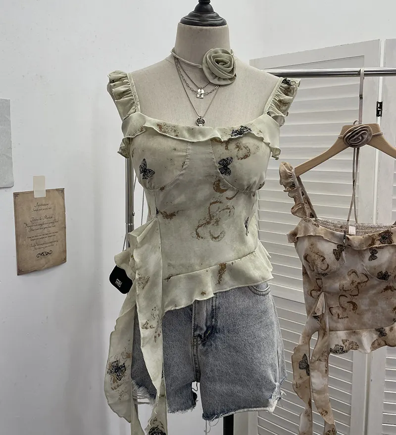 Churchf Real Shoot French Retro Irregular Lotus With Chest Cushions With Ribbon Sling Vest Summer Chiffon Top 9137